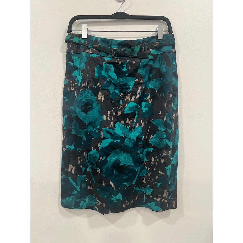 New York and Company Pencil Skirt Womens 10 Teal Black Floral Belted Office chic